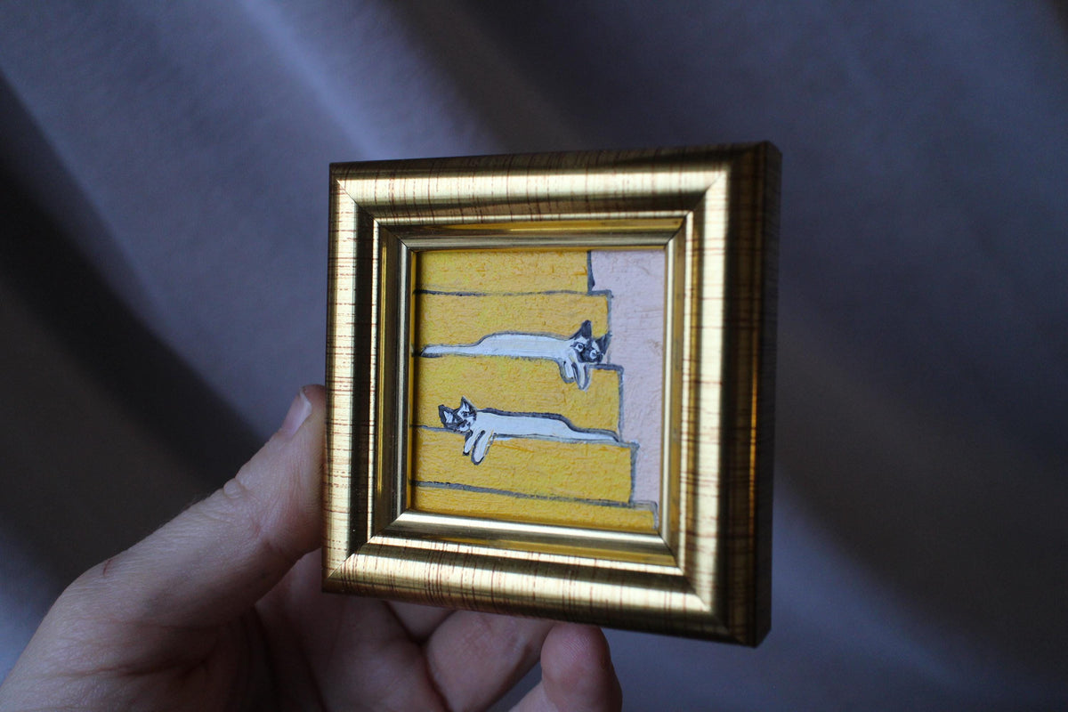 Miniature oil painting siamese cat oil painting two white cats on stairs framed 2x2