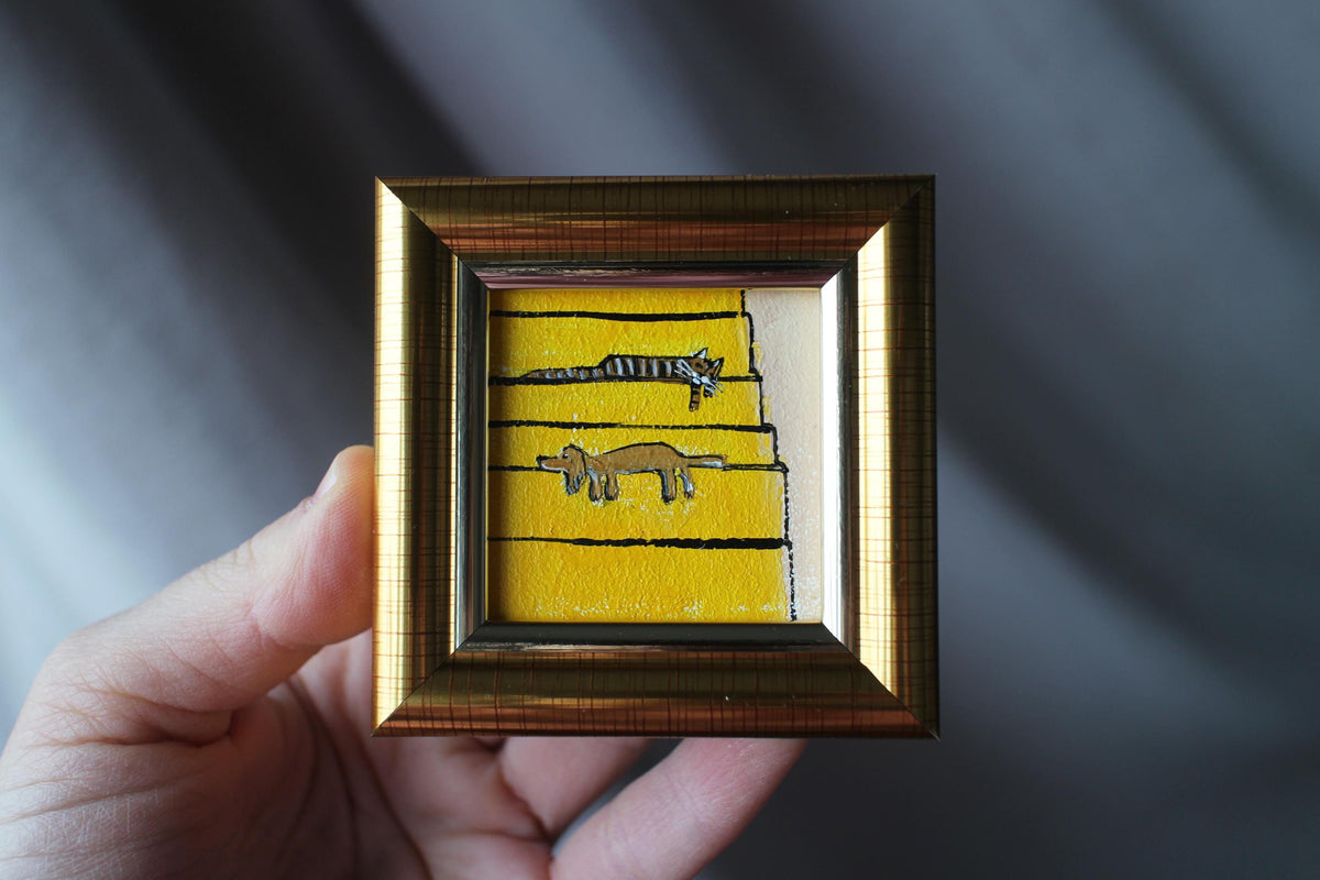 Framed tabby Cat and cream Dachshund Painting are sleeping on the stairs: Original Handmade Art (2x2 in)