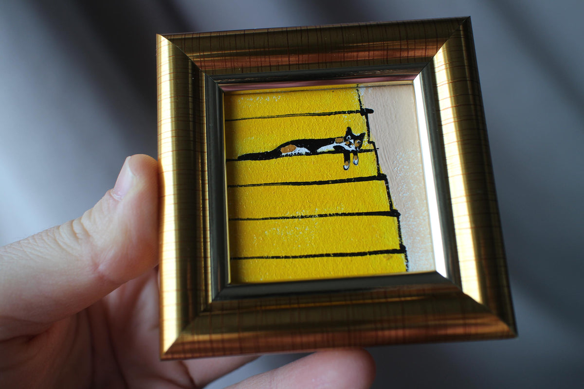Mini painting a calico cat is sleeping on the stairs oil framed 2x2 in Original Handmade