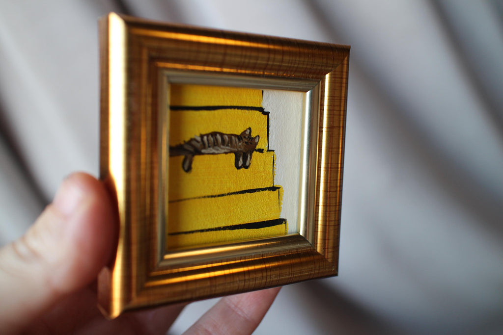 Miniature Tabby Cat is sleeping on the stairs Oil Painting: Framed Original Art (2x2 in)