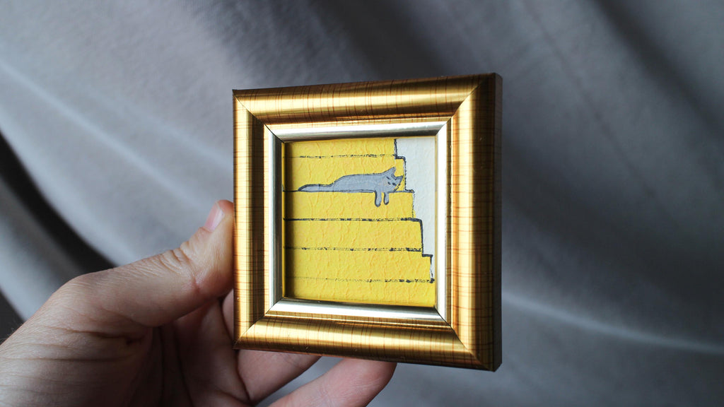 Miniature oil painting grey cat painting: Sleeping Gray Cat on Stairs, Framed Original Art (2x2 in)