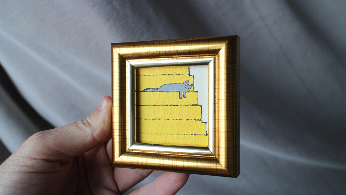 Miniature oil painting grey cat painting: Sleeping Gray Cat on Stairs, Framed Original Art (2x2 in)