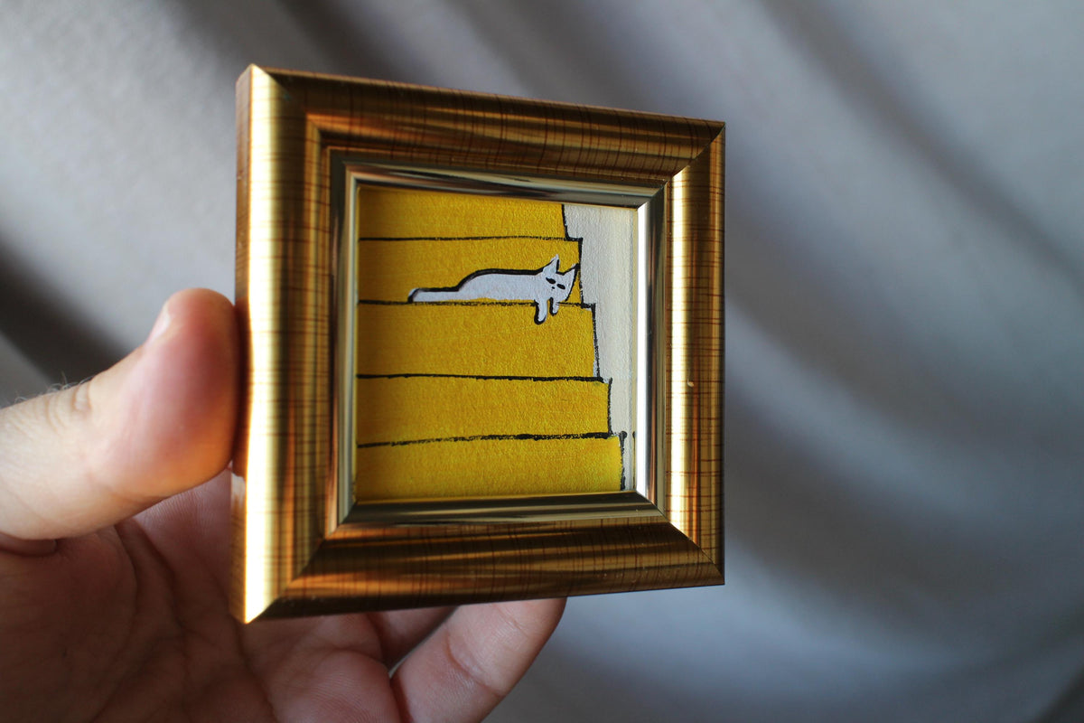 Miniature oil painting white cat sleeping on stairs framed handmade original Art 2x2 in