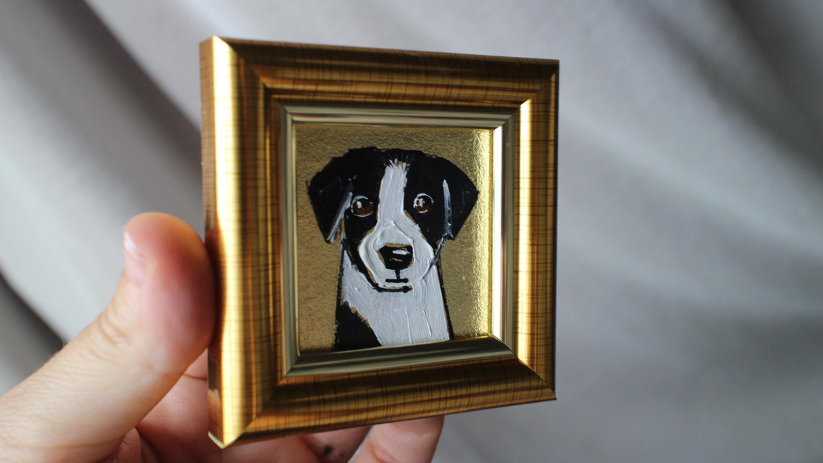 Jack Russell Terrier Oil Painting pet portrait with Gold Leaf Frame 2x2 original framed