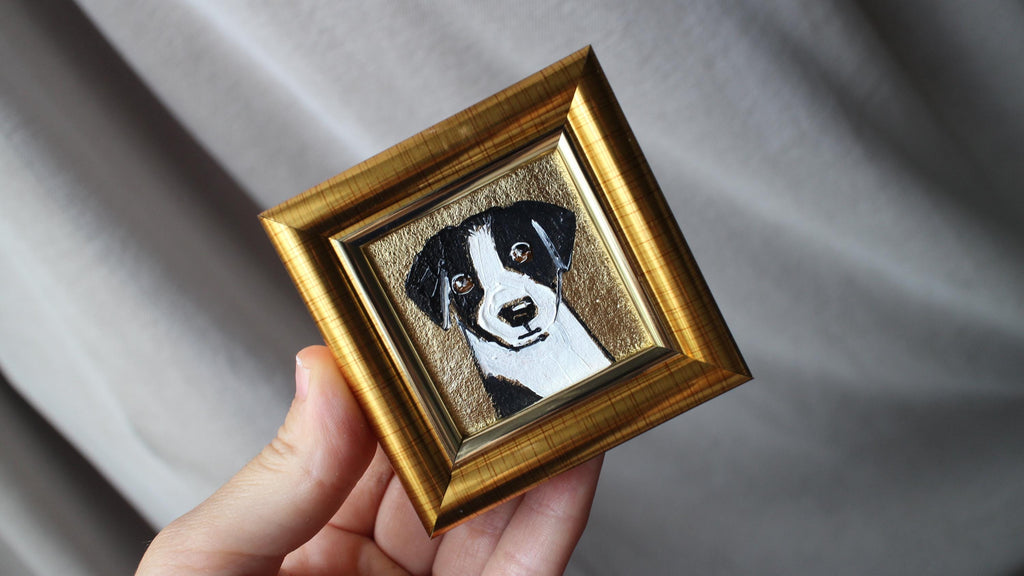 Jack Russell Terrier Oil Painting pet portrait with Gold Leaf Frame 2x2 original framed