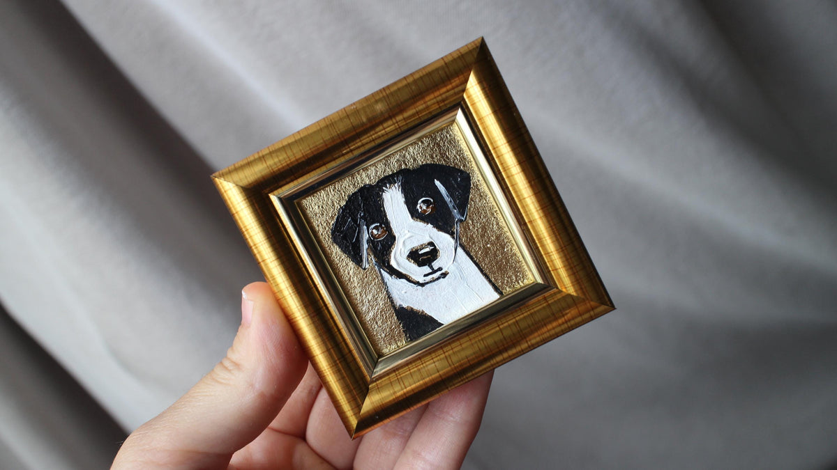 Jack Russell Terrier Oil Painting pet portrait with Gold Leaf Frame 2x2 original framed