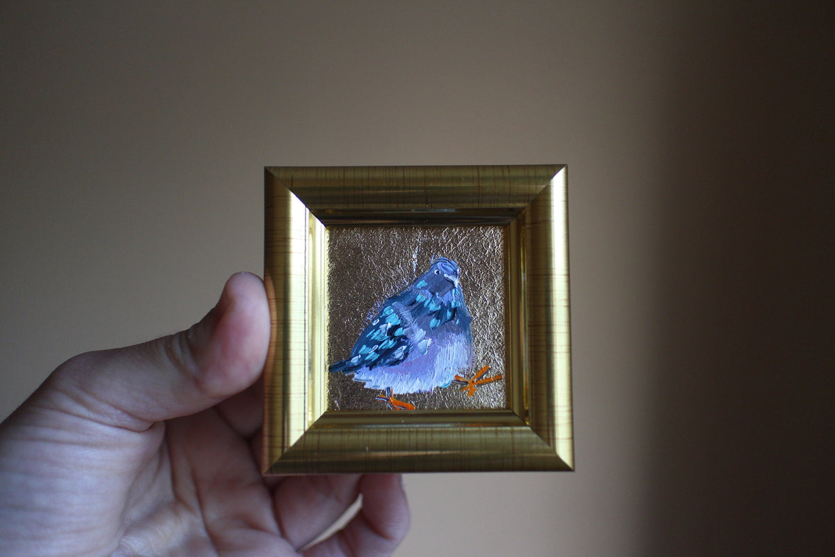Pigeon Portrait Oil Painting: Gold Leaf Framed Dove Art 2x2