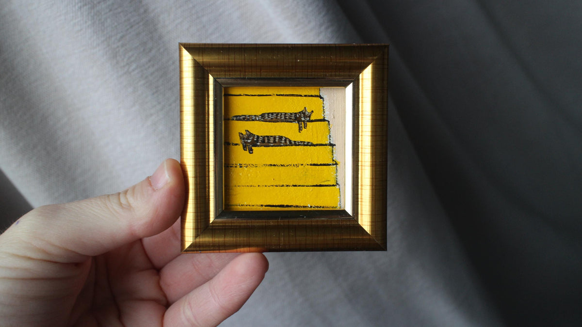 Miniature two Tabby Cats Oil Painting sleeping on Stairs, Framed 2x2 in
