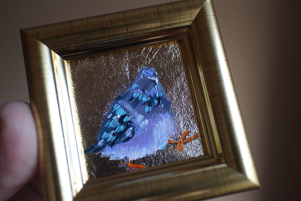 Pigeon Portrait Oil Painting: Gold Leaf Framed Dove Art 2x2