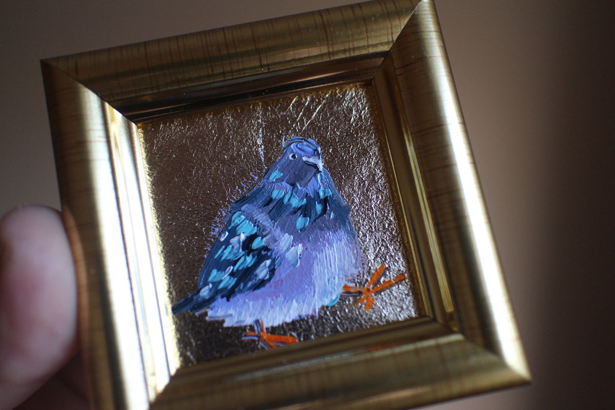 Pigeon Portrait Oil Painting: Gold Leaf Framed Dove Art 2x2