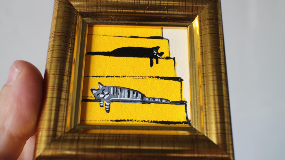 Miniature Cat Oil Painting: Gray Tabby & Black Cats sleeping on Stairs, Framed 2x2 in