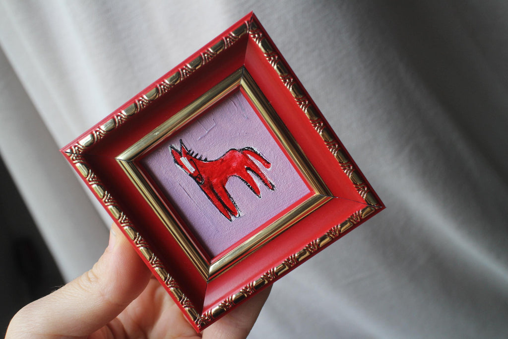 Red Fire horse miniature original oil painting framed 2x2