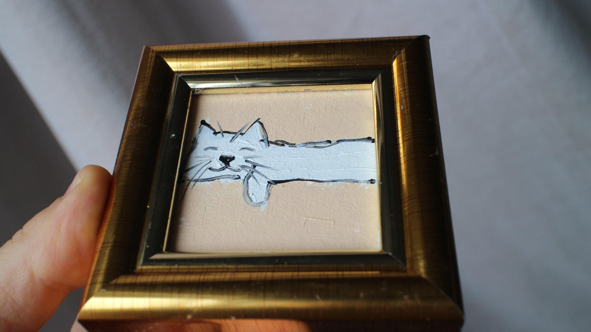 White Cat Sleeping Oil Painting: Original Framed Art (2x2 in)