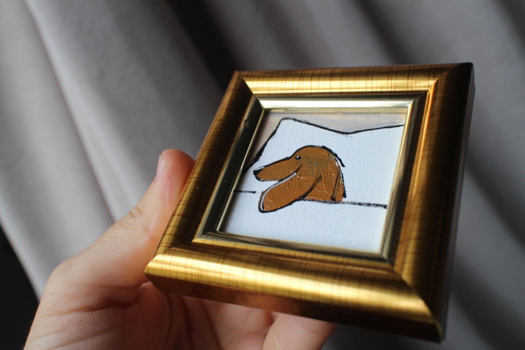 Dachshund sleeping in the bed oil painting 2x2 original framed dog puppy Portrait