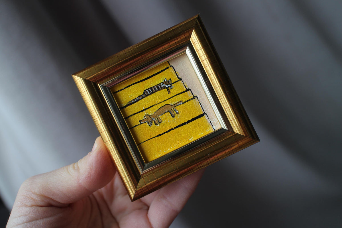 Framed tabby Cat and cream Dachshund Painting are sleeping on the stairs: Original Handmade Art (2x2 in)