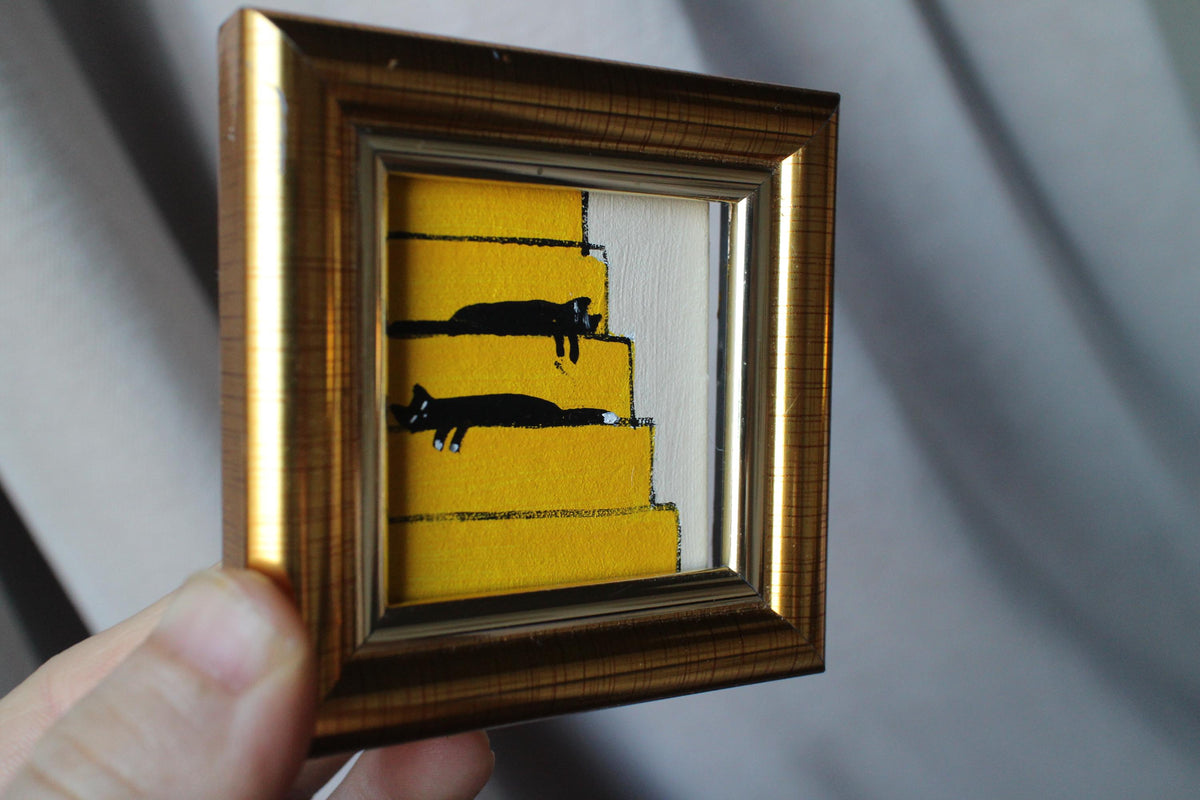 Miniature Black Cats Oil Painting: Framed Original Art (2x2 in)