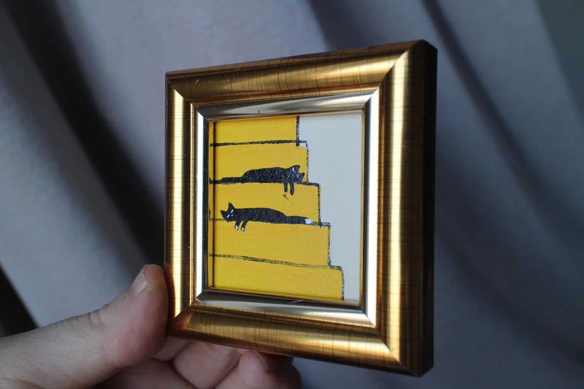 Miniature Black Cats Oil Painting: Framed Original Art (2x2 in)