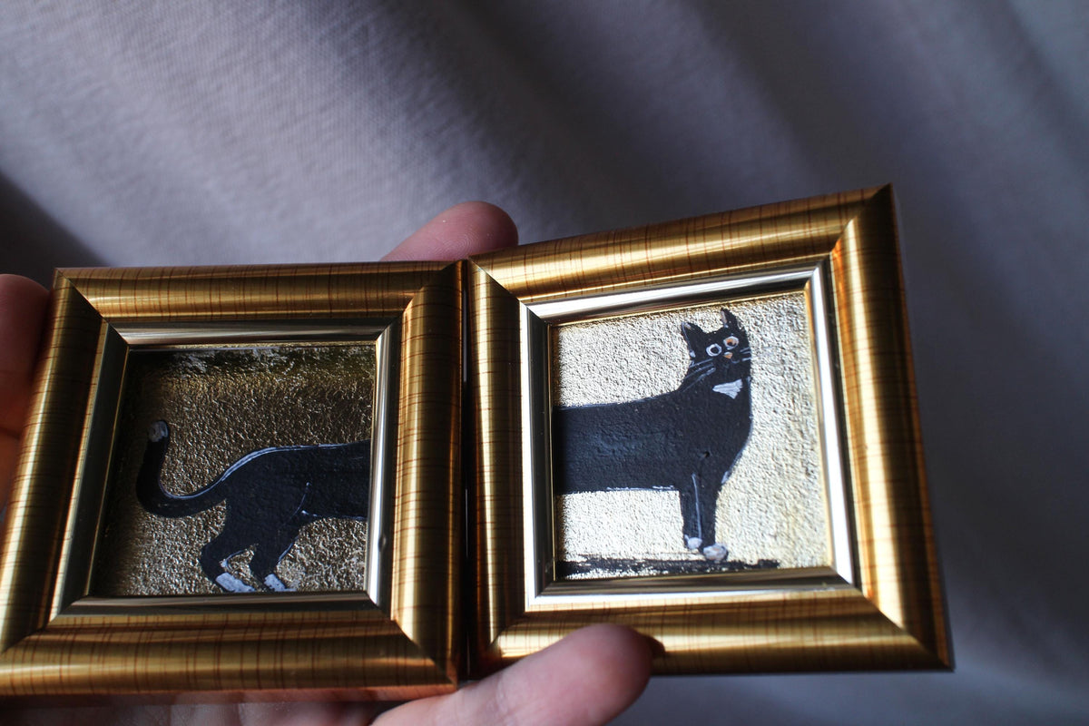 Black Cat Oil Painting With Gold Leaf: Original Framed Double Art 2x2