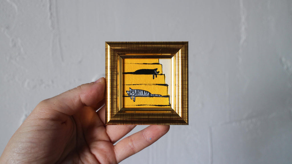 Miniature Cat Oil Painting: Gray Tabby & Black Cats sleeping on Stairs, Framed 2x2 in