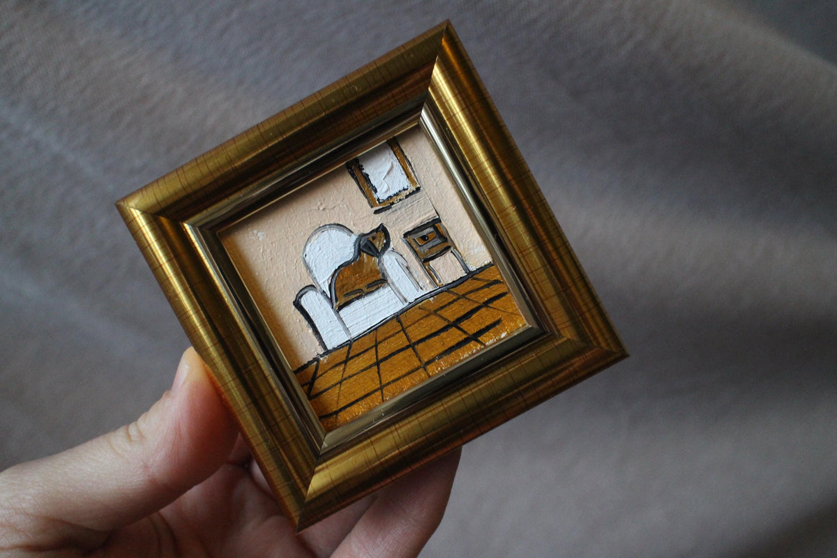 Framed brown Dog Oil Painting: Sleeping on the chair Puppy Portrait (2x2 in)