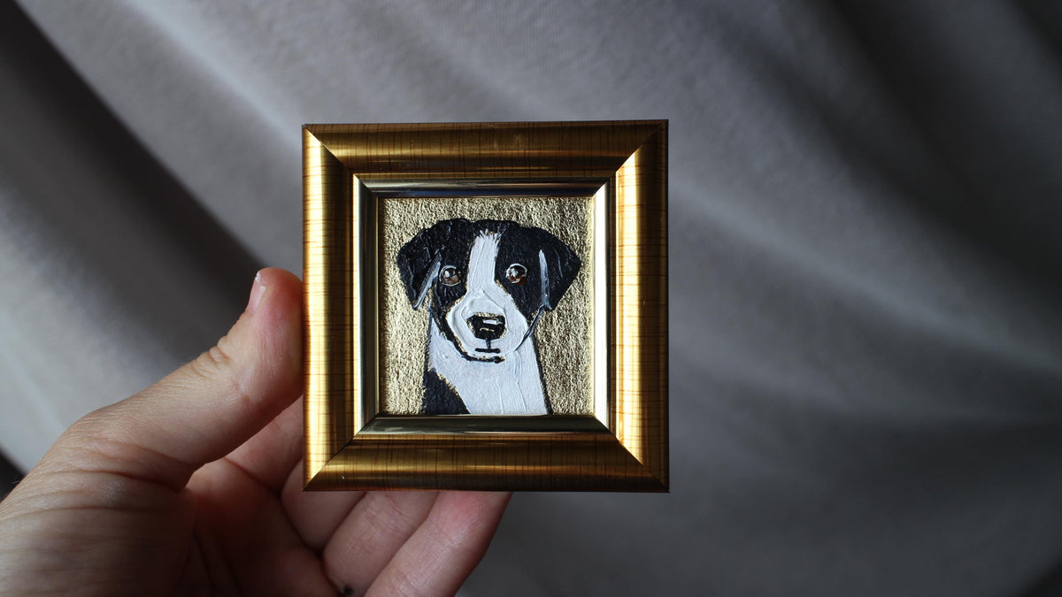 Jack Russell Terrier Oil Painting pet portrait with Gold Leaf Frame 2x2 original framed