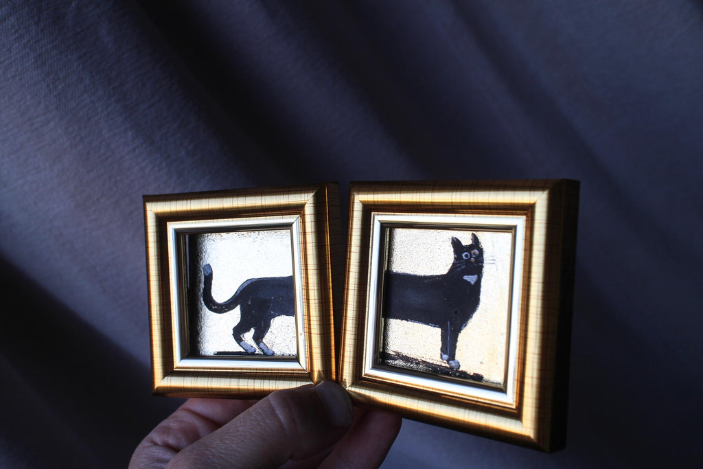 Black Cat Oil Painting With Gold Leaf: Original Framed Double Art 2x2
