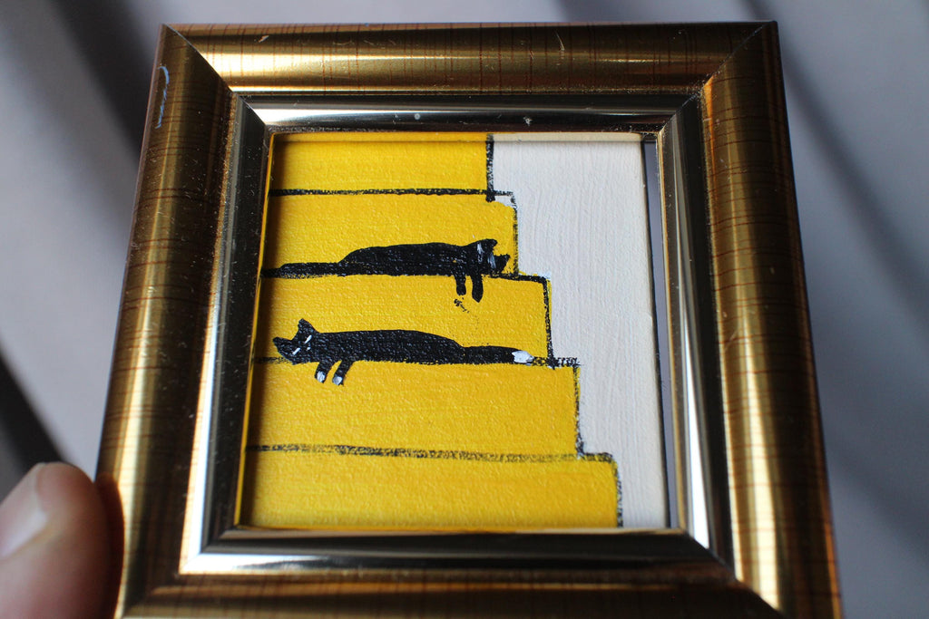 Miniature Black Cats Oil Painting: Framed Original Art (2x2 in)