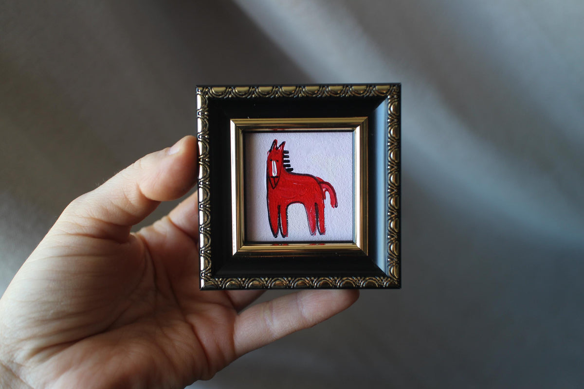 Red Fire horse miniature original oil painting framed 2x2