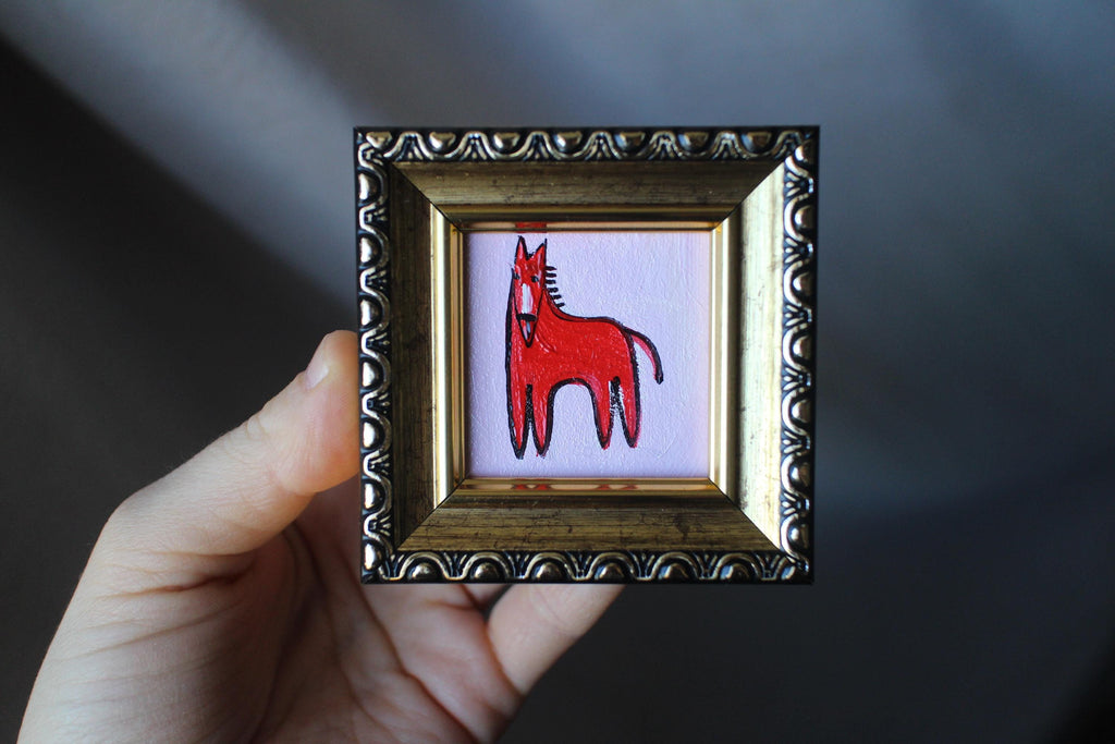 Red Fire horse miniature original oil painting framed 2x2