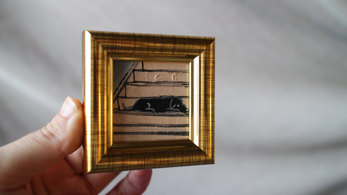 Miniature Black Dog sleeping on the stairs Oil Painting: Handmade Framed Art (2x2 in)