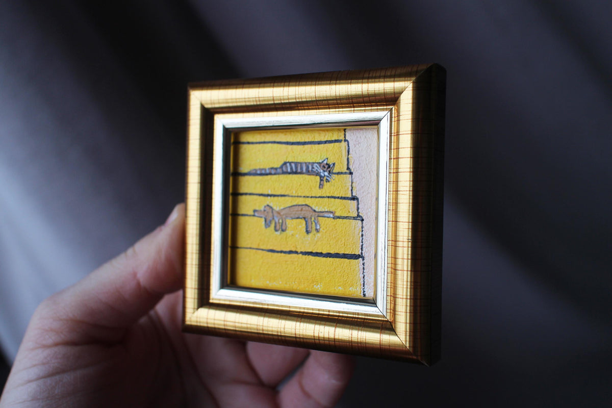 Framed tabby Cat and cream Dachshund Painting are sleeping on the stairs: Original Handmade Art (2x2 in)