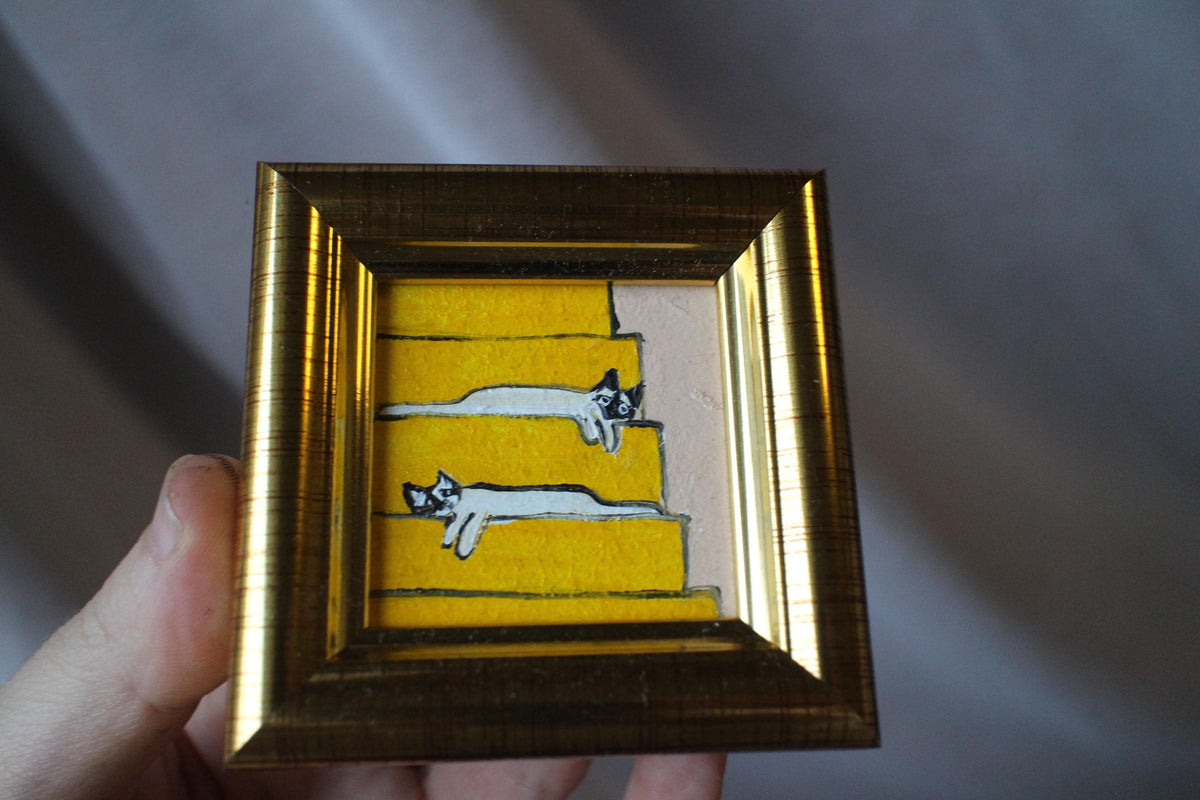 Miniature oil painting siamese cat oil painting two white cats on stairs framed 2x2