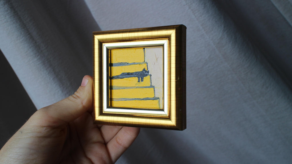 Mini painting a black cat is sleeping on the stairs oil framed 2x2 in