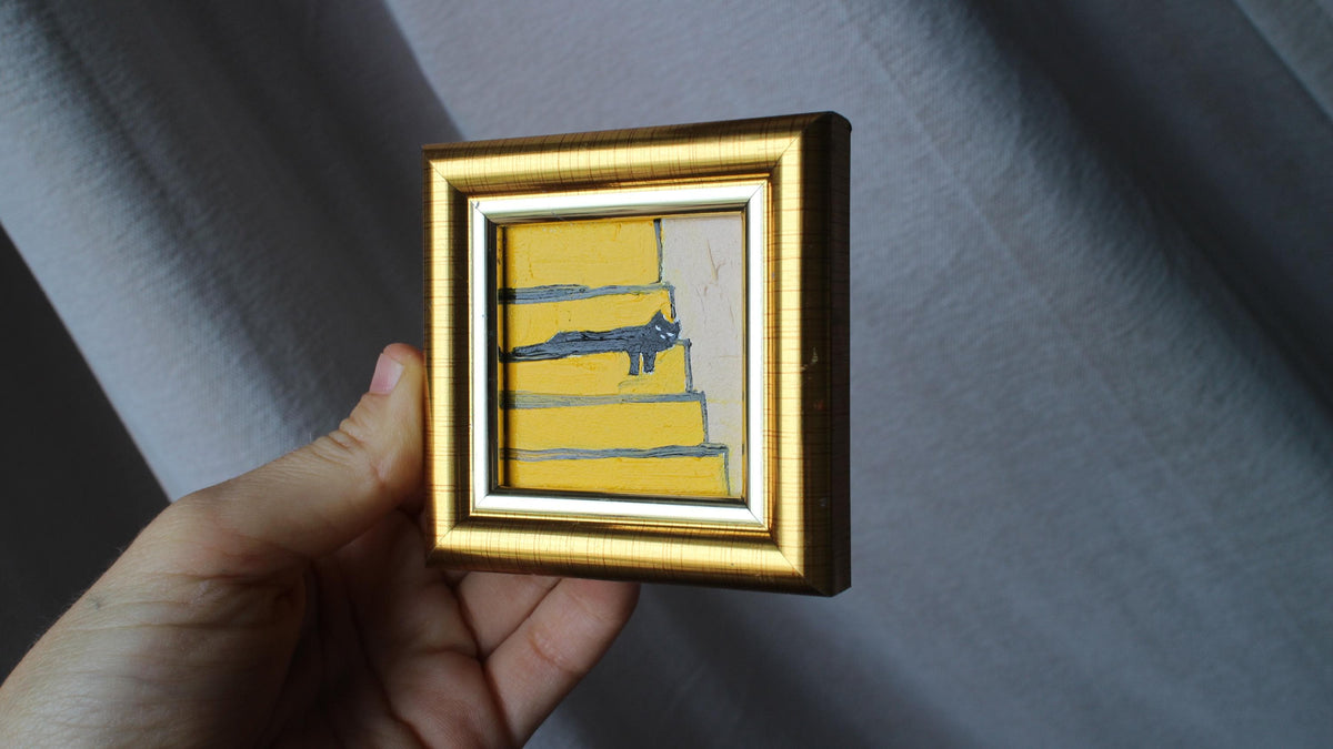 Mini painting a black cat is sleeping on the stairs oil framed 2x2 in