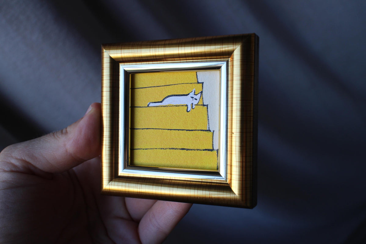 Miniature oil painting white cat sleeping on stairs framed handmade original Art 2x2 in