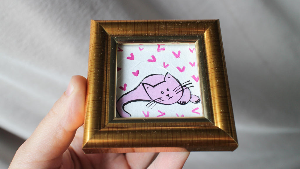 Mini Pink Cat hearts Oil Painting: Framed Original Art Valentine (2x2 in)