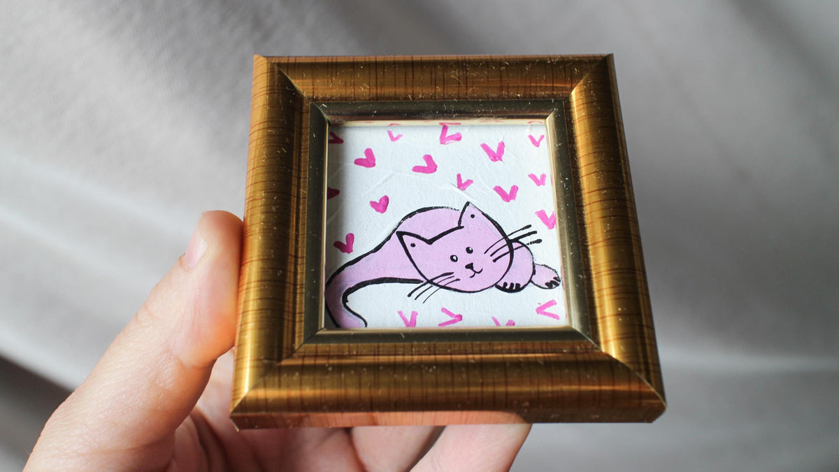 Mini Pink Cat hearts Oil Painting: Framed Original Art Valentine (2x2 in)