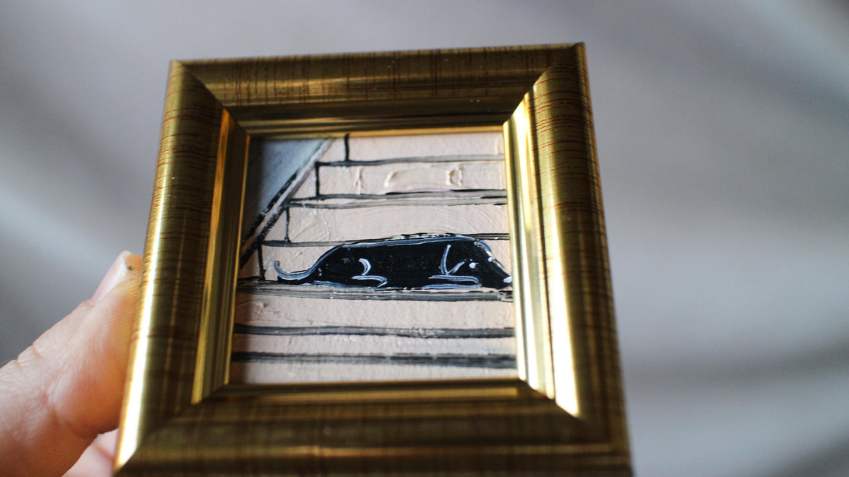 Miniature Black Dog sleeping on the stairs Oil Painting: Handmade Framed Art (2x2 in)