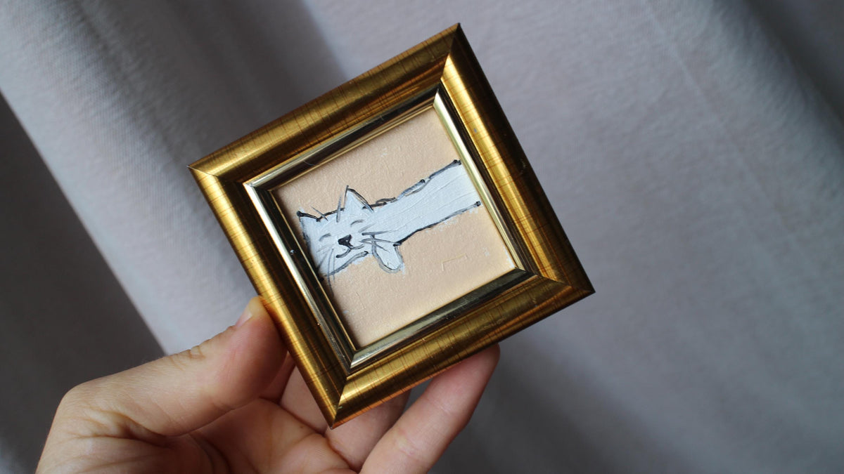 White Cat Sleeping Oil Painting: Original Framed Art (2x2 in)