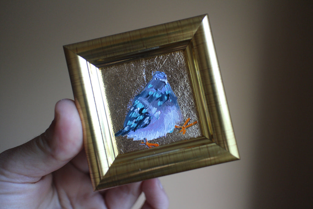 Pigeon Portrait Oil Painting: Gold Leaf Framed Dove Art 2x2