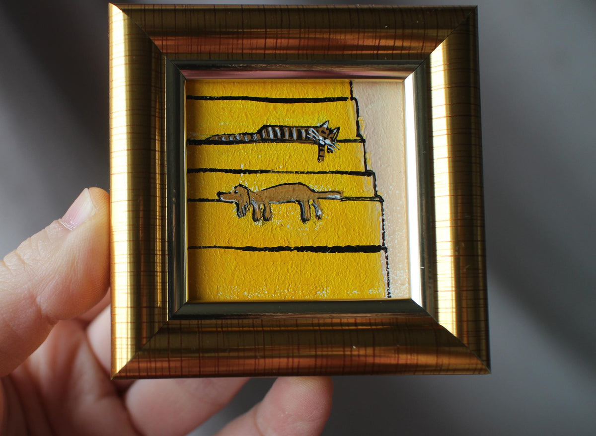 Framed tabby Cat and cream Dachshund Painting are sleeping on the stairs: Original Handmade Art (2x2 in)