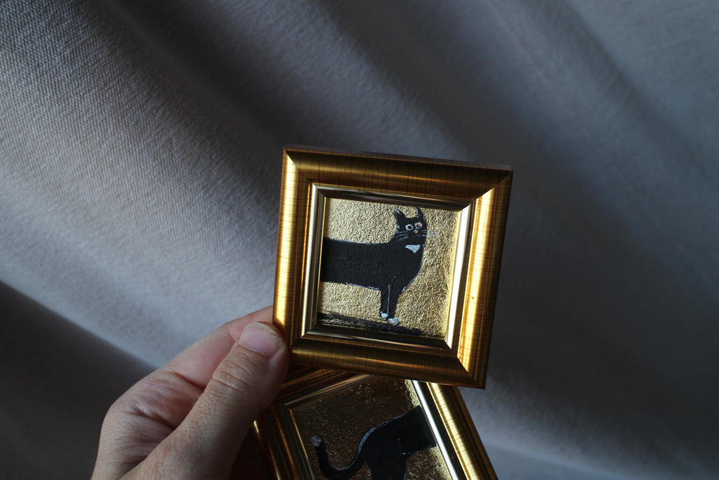 Black Cat Oil Painting With Gold Leaf: Original Framed Double Art 2x2