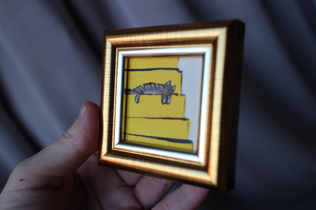 Miniature Tabby Cat is sleeping on the stairs Oil Painting: Framed Original Art (2x2 in)