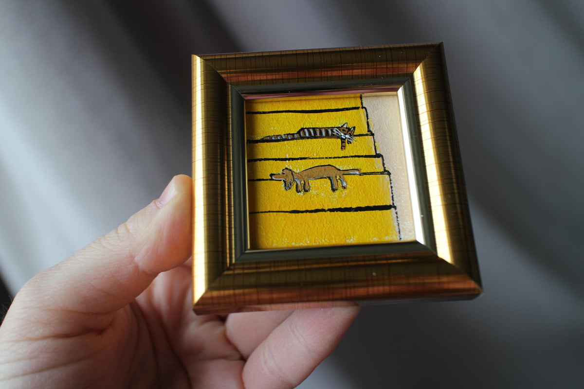 Framed tabby Cat and cream Dachshund Painting are sleeping on the stairs: Original Handmade Art (2x2 in)