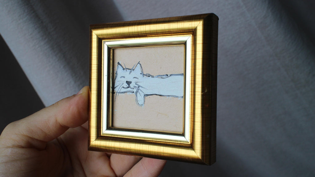 White Cat Sleeping Oil Painting: Original Framed Art (2x2 in)