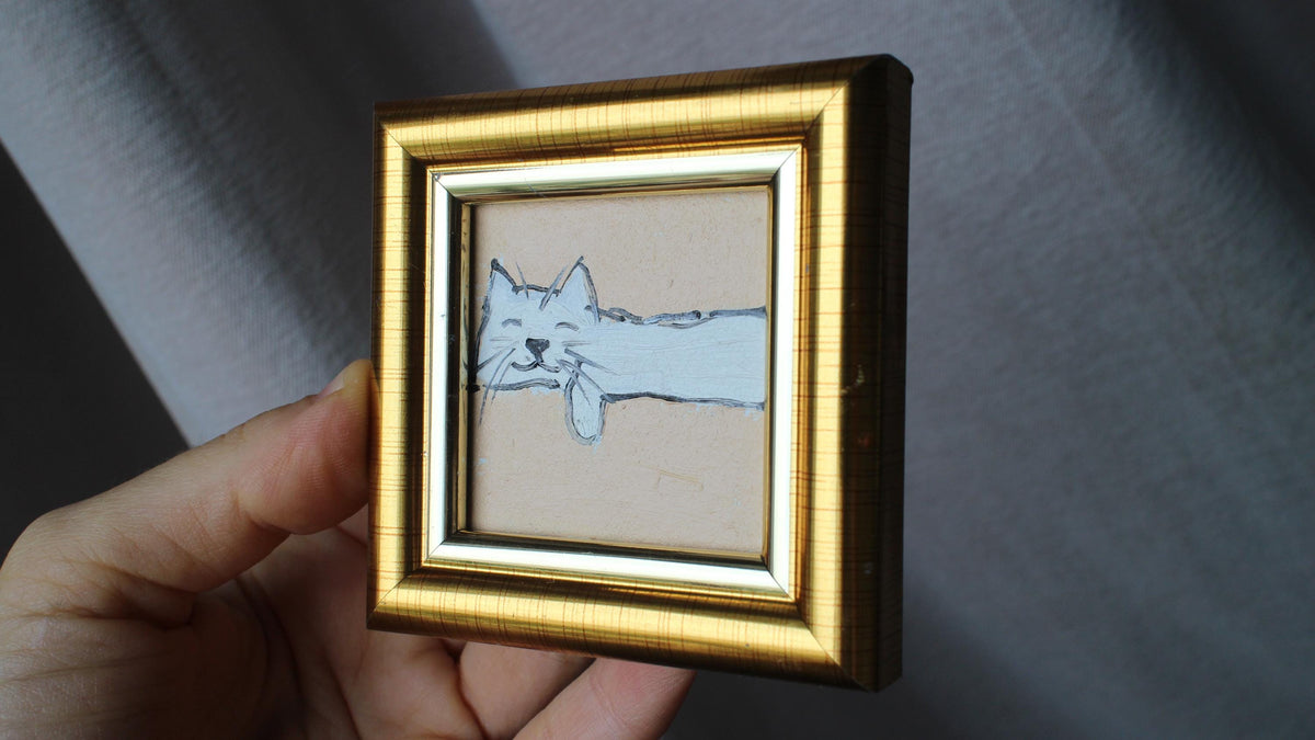 White Cat Sleeping Oil Painting: Original Framed Art (2x2 in)