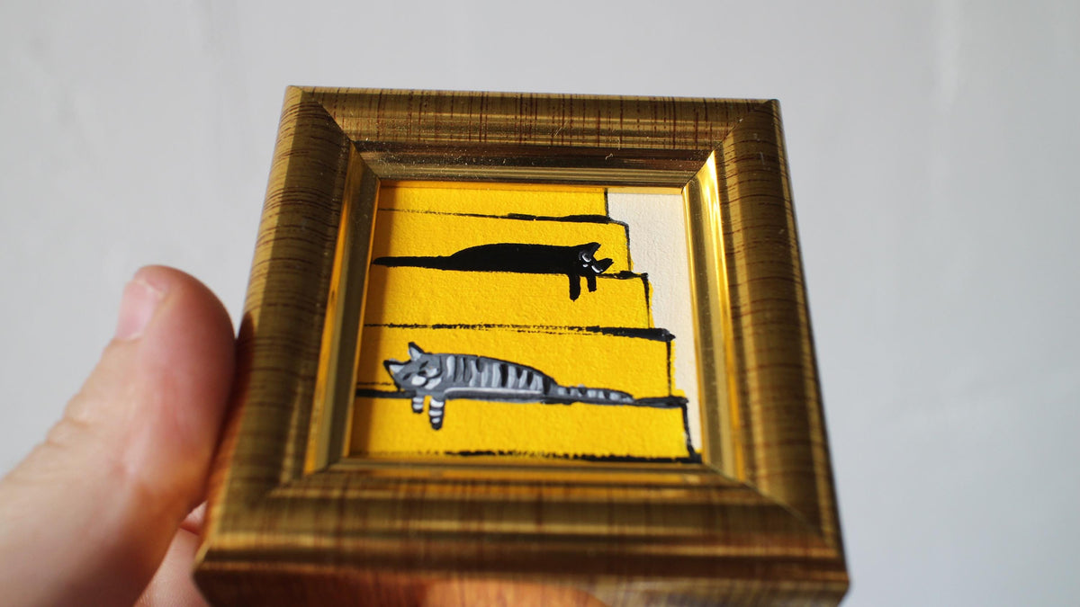 Miniature Cat Oil Painting: Gray Tabby & Black Cats sleeping on Stairs, Framed 2x2 in