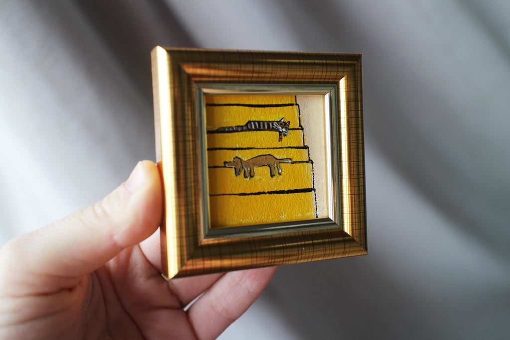 Framed tabby Cat and cream Dachshund Painting are sleeping on the stairs: Original Handmade Art (2x2 in)