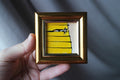 Mini painting a calico cat is sleeping on the stairs oil framed 2x2 in Original Handmade