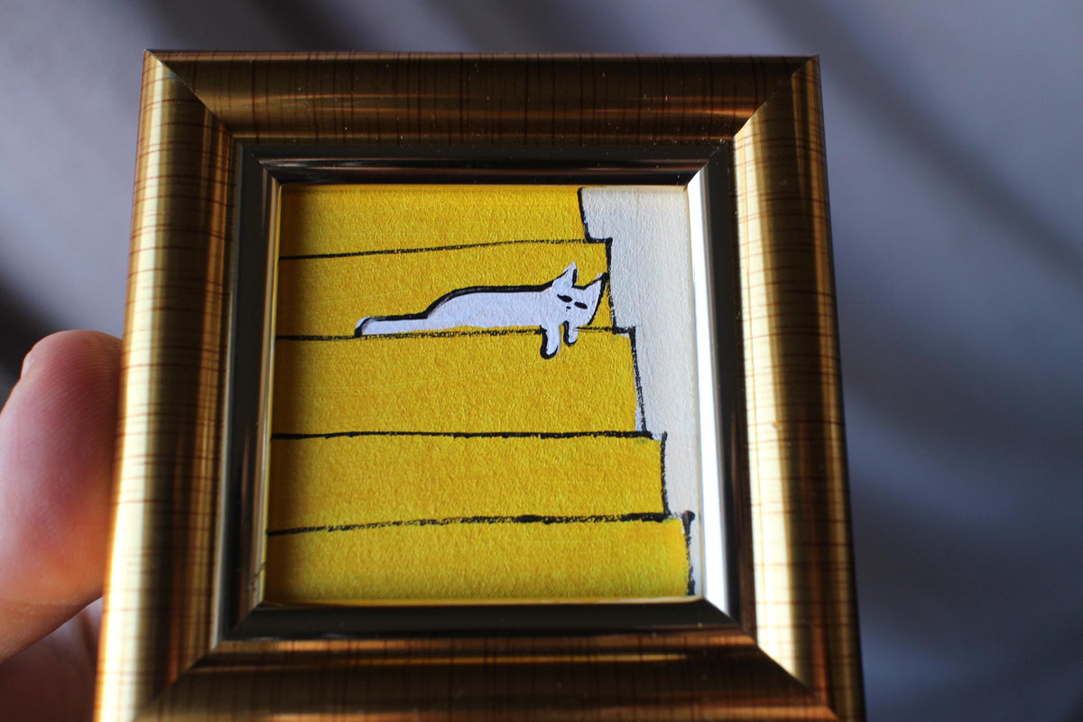 Miniature oil painting white cat sleeping on stairs framed handmade original Art 2x2 in